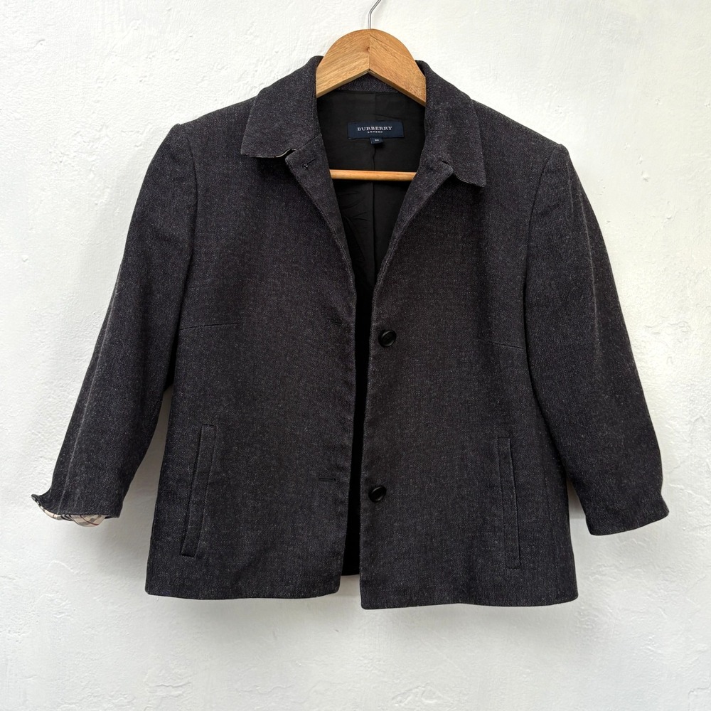 Burberry Hanna Blazer Jacket Women Size 36 XS Charcoal Gray Nova Check Collar